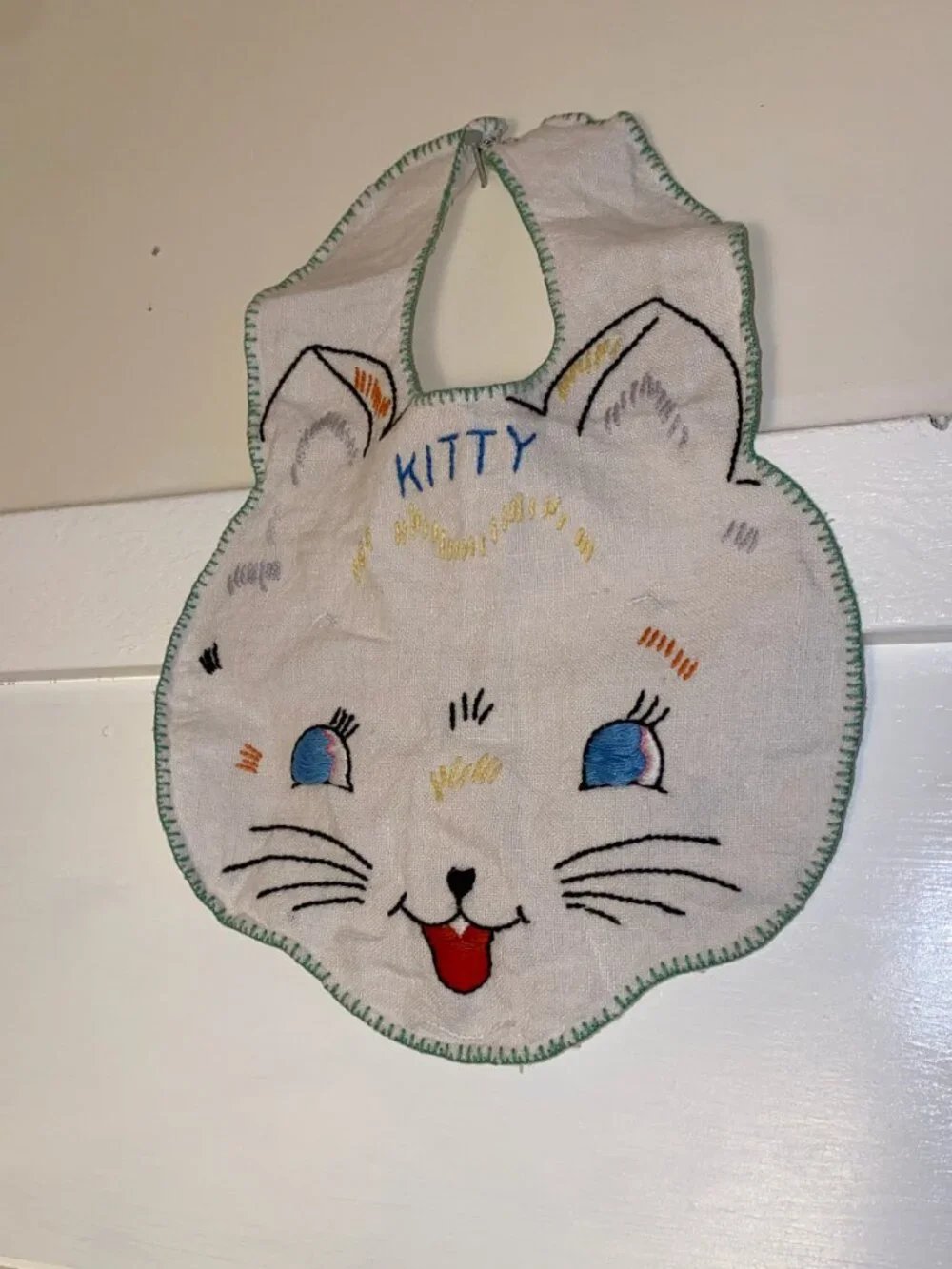 Vintage Kitty & Puppy Embroidered Baby Bibs Set Handmade Animal Face